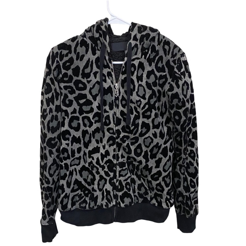 FOX leopard print heavy Sherpa lined zip up hoodie jacket gray / black M
